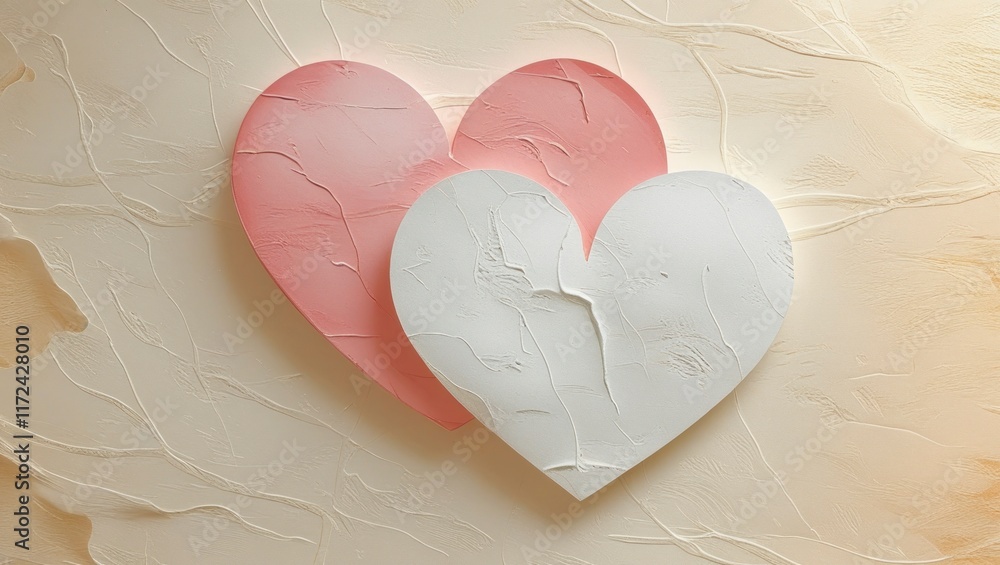 Valentine's Day festive background with pink and white paper hearts on a pink background for Valentines holiday. Flatlay. Top view. Copyspace.
