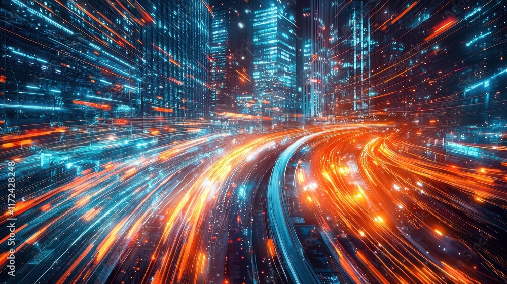 Dreamlike neon streaks swirling through an ethereal cityscape Dreamlike neon streaks swirling through an ethereal cityscape