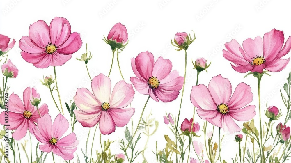 Watercolor Illustration set of Pink cosmos flowers on a white background,spring summer nature,Vibrant pink cosmos blooming,Children's card,banner,raindrops drawn by hand. Watercolor Illustration set of Pink cosmos flowers on a white background,spring summer nature,Vibrant pink cosmos blooming,Children's card,banner,raindrops drawn by hand.