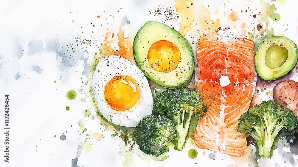 Watercolor set of Healthy eating food,Ketogenic, keto diet concept,painting with olive oil, meat, fish, bacon, avocado,Ketogenic diet food,copy space.