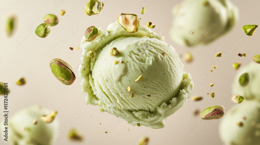 Obraz premium Close up view showcasing a scoop of green pistachio ice cream,Pistachio green ice cream with nuts,Top view of ice cream isolated for package design of pistachio ice cream,banner menu concept.