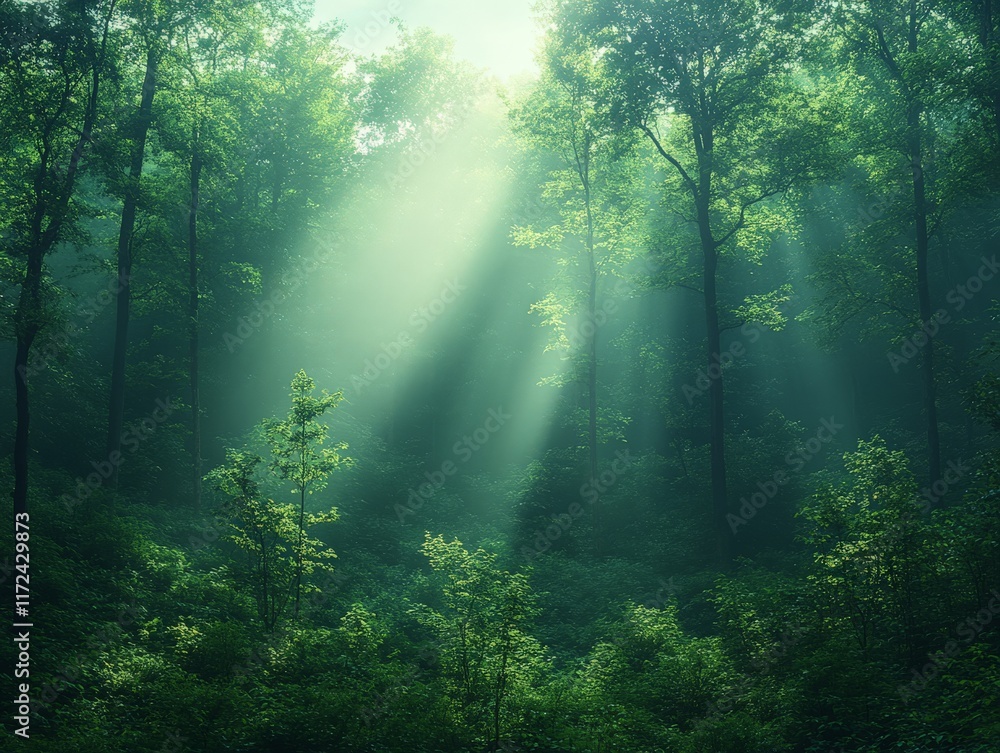Fototapeta premium A serene forest scene with sunlight filtering through trees, creating a tranquil atmosphere.