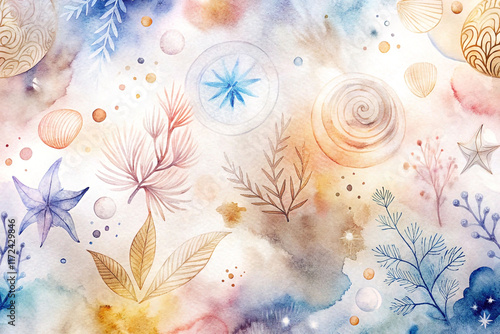 Watercolor floral and seashell pattern.