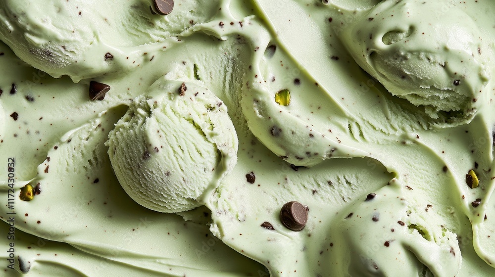 Obraz premium Close up view showcasing a scoop of green pistachio ice cream,Pistachio green ice cream with nuts,Top view of ice cream isolated for package design of pistachio ice cream,banner menu concept.