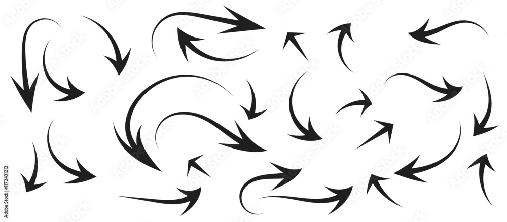 Obraz premium set of arrow icons with various styles or models. Collection of hand drawn curved, scribble and zigzag arrows. Vector illustration on white background.