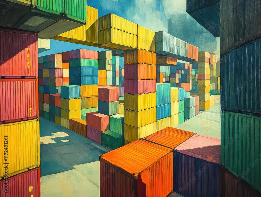 Fototapeta premium An oil painting depicting an intricate web of cargo containers being managed and scheduled, seen from a worms-eye view, capturing the essence of industrial logistics