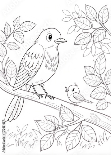 A cute nightingale perched on a tree with a baby bird next to it, drawn as an outline sketch, only black lines, no colors, simple and clean for a children's coloring book. photo