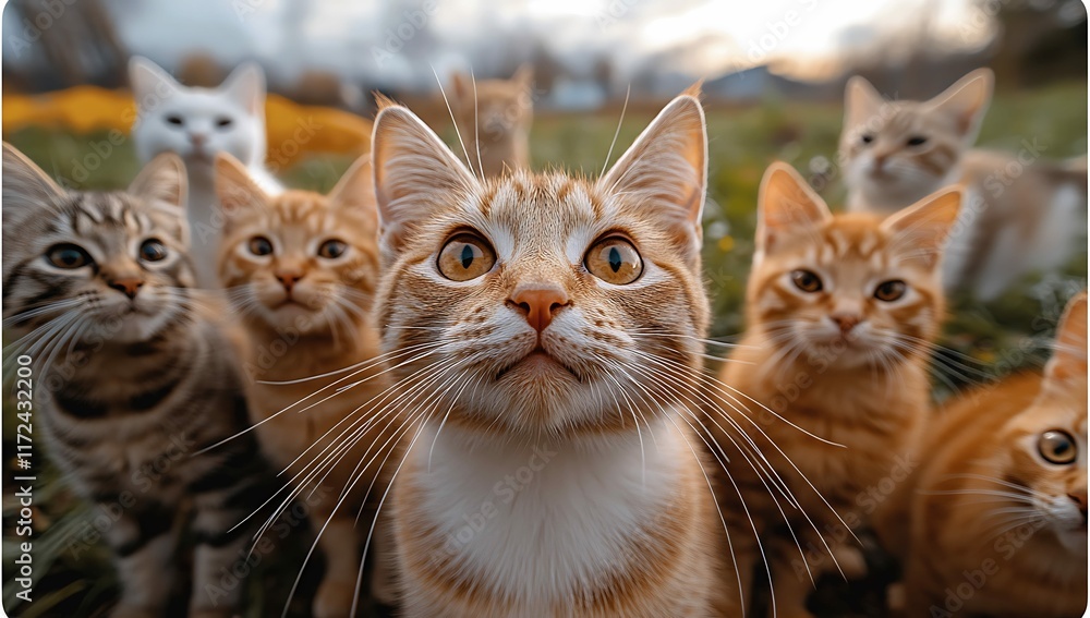 Playful Cats Gathering in a Circle Outdoors Pet Photography Natural Setting Close-Up View Playful Cats Gathering in a Circle Outdoors Pet Photography Natural Setting Close-Up View