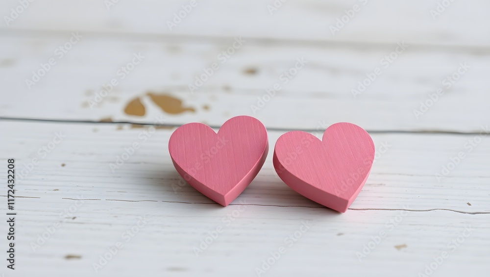 Pink Wooden Heart Shapes on White Wooden Background Pink Wooden Heart Shapes on White Wooden Background