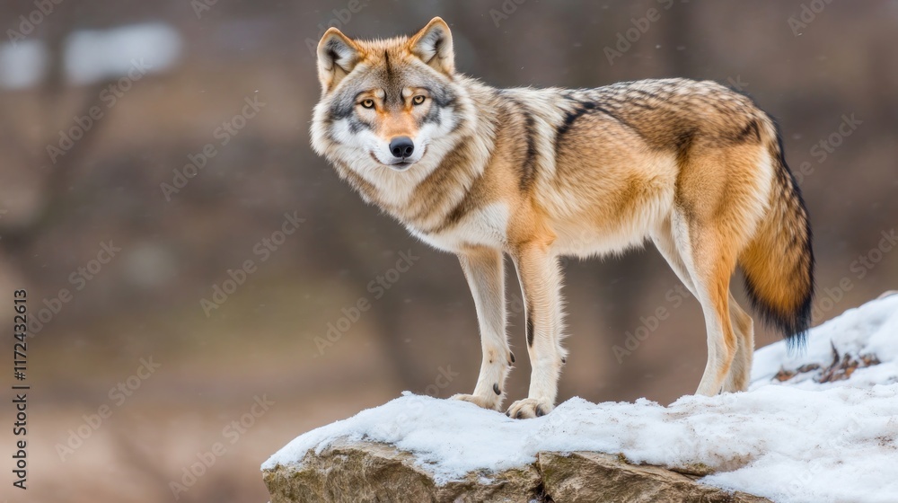 Obraz premium A wolf standing on a snowy rock, showcasing its natural beauty.