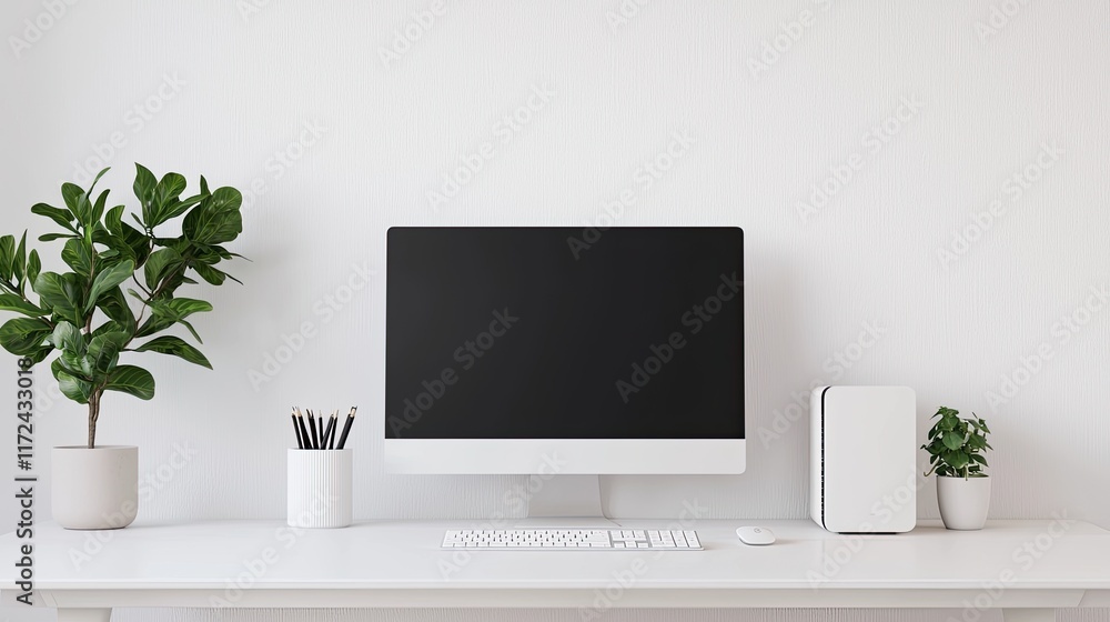 Minimalist workspace featuring a computer, plants, and stationery on a clean desk. Minimalist workspace featuring a computer, plants, and stationery on a clean desk.