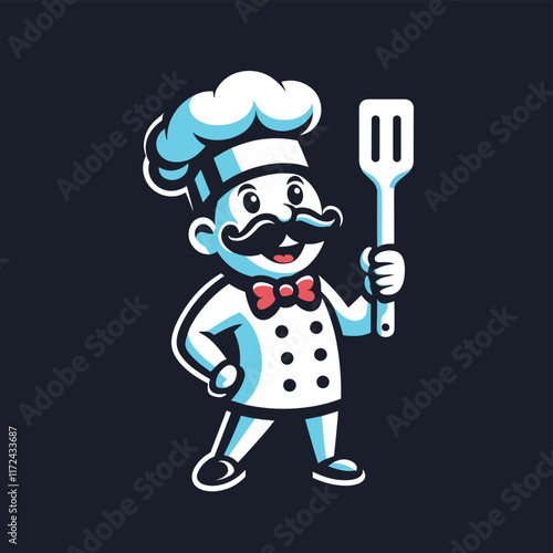 A happy chef vector logo mascot holding a spatula in his hand illustration 