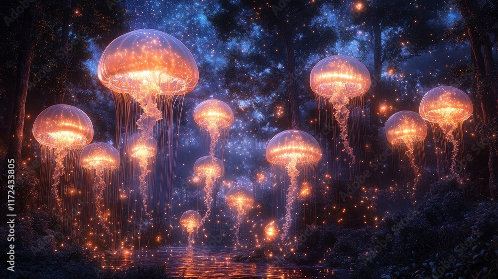 Luminescent jellyfish floating through a starlit forest instead of ocean, trailing ethereal tendrils Luminescent jellyfish floating through a starlit forest instead of ocean, trailing ethereal tendrils