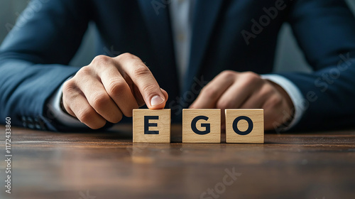 Close-Up of a Businessman in a Suit Rearranging Wooden Blocks to Form the Word 'EGO,' Symbolizing Self-Reflection and Leadership