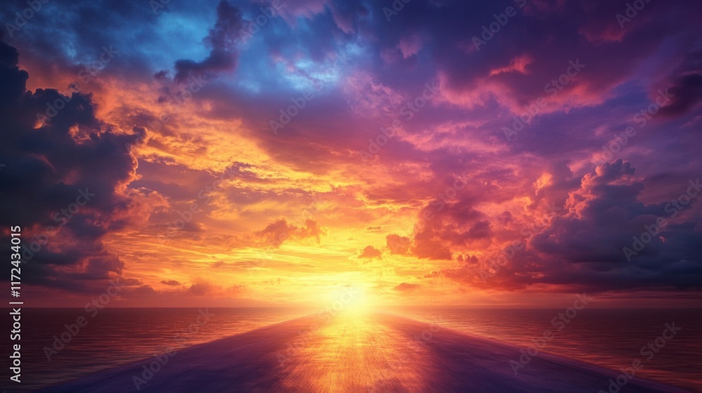 A long, gleaming runway glowing under the radiant light of a colorful sunrise, surrounded by open skies