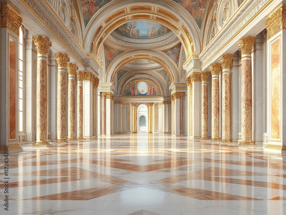 A grand, ornate hall featuring marble floors and decorative columns. A grand, ornate hall featuring marble floors and decorative columns.