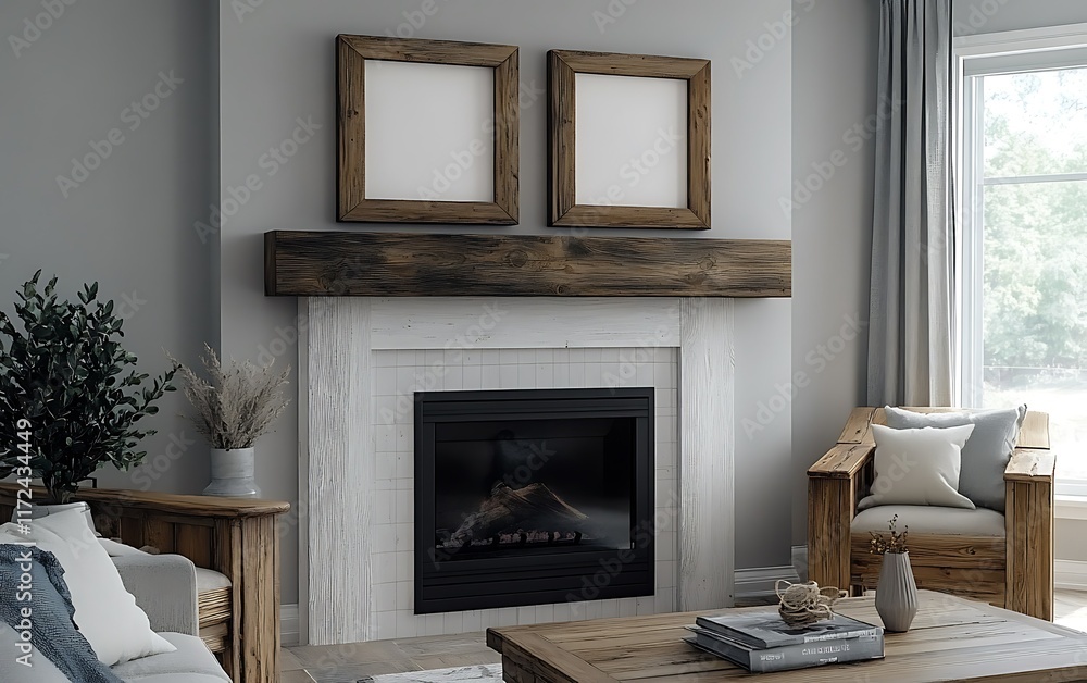 Cozy living room fireplace mockup, empty frames, home decor. Cozy living room fireplace mockup, empty frames, home decor.