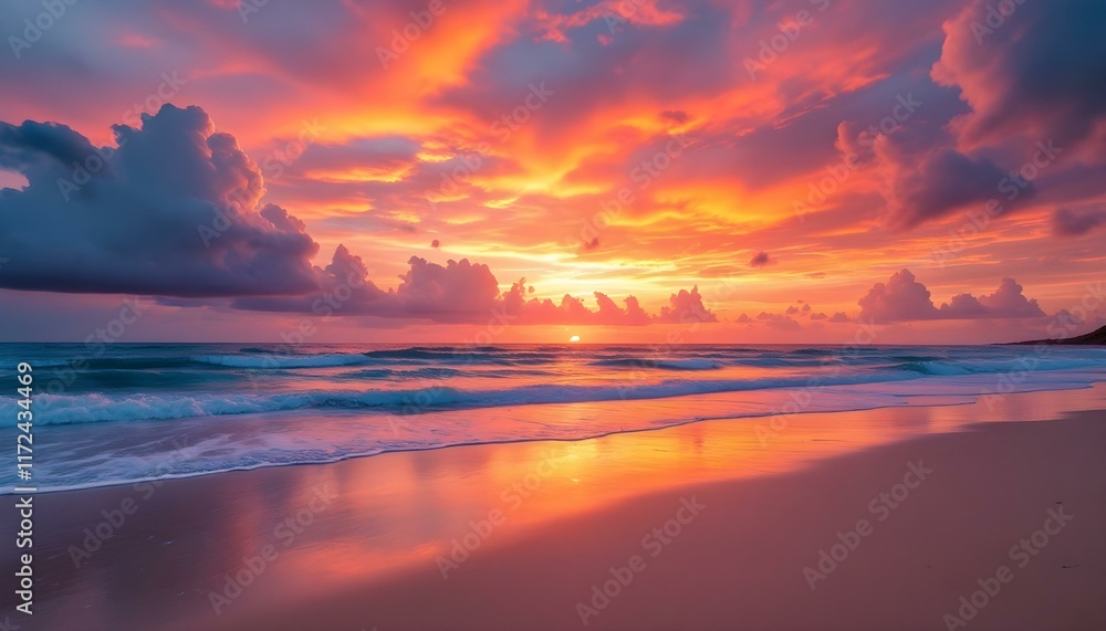 Fototapeta premium A wide-angle view of tranquil beach horizon, vibrant colors of sunset paint sky in a breathtaking display of oranges, pinks, and purples, generated with ai