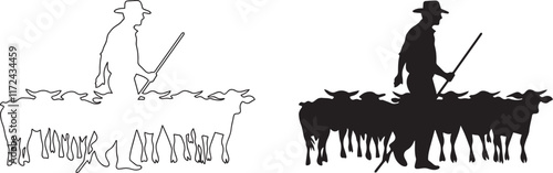 Silhouette of a farmer herding cattle with a staff, farmer vector silhouette