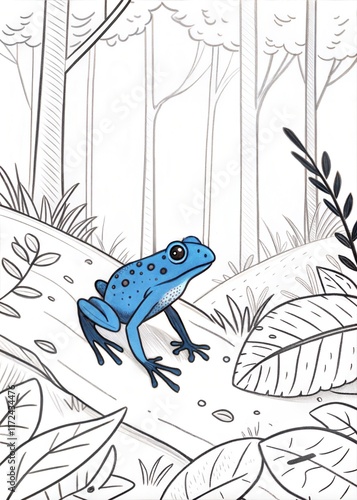 A cute blue frog hopping along the forest floor, its bright blue skin visible, outlined in black, drawn as an outline sketch, only black lines, no colors, simple and clean for a children's coloring bo