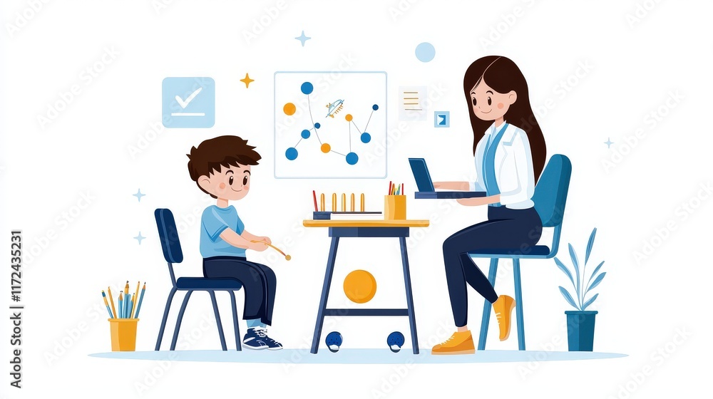 Flat vector of an autistic child in a classroom setting with sensory tools and a supportive teacher, on white background. Flat vector of an autistic child in a classroom setting with sensory tools and a supportive teacher, on white background.