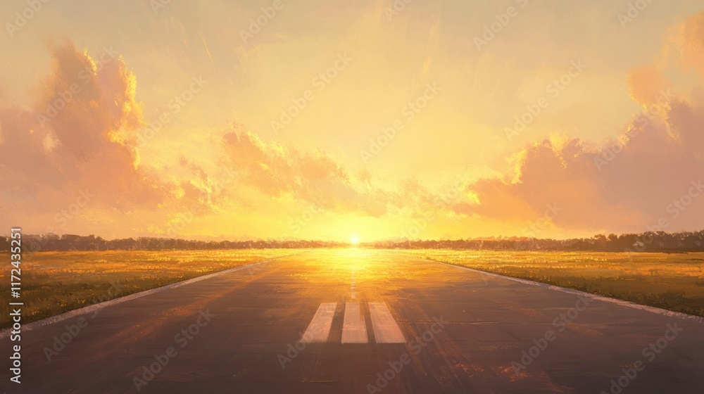 Naklejka premium A peaceful sunrise view of a runway reflecting golden light, with the open sky painted in soft pinks and yellows