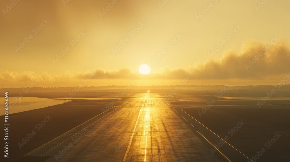 A scenic airport runway reflecting the golden light of a radiant sunrise, stretching into the distance A scenic airport runway reflecting the golden light of a radiant sunrise, stretching into the distance