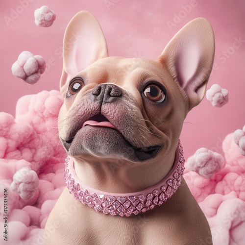 Playful French Bulldog with pink background. photo