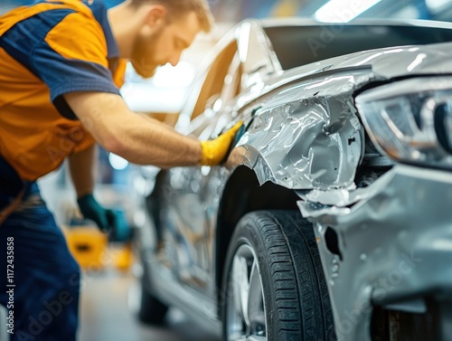 Auto body repair technician inspecting damage to a car's fender.