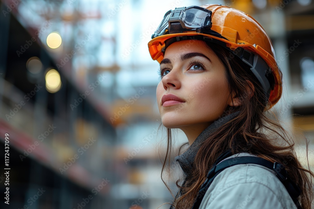 Female engineer gazing into the future at construction site portrait photography urban environment inspirational concept Female engineer gazing into the future at construction site portrait photography urban environment inspirational concept