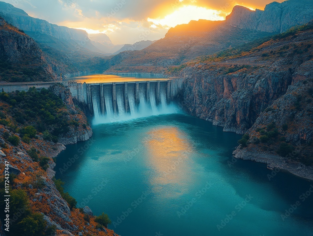 A serene landscape featuring a dam with flowing water, surrounded by mountains at sunset. A serene landscape featuring a dam with flowing water, surrounded by mountains at sunset.