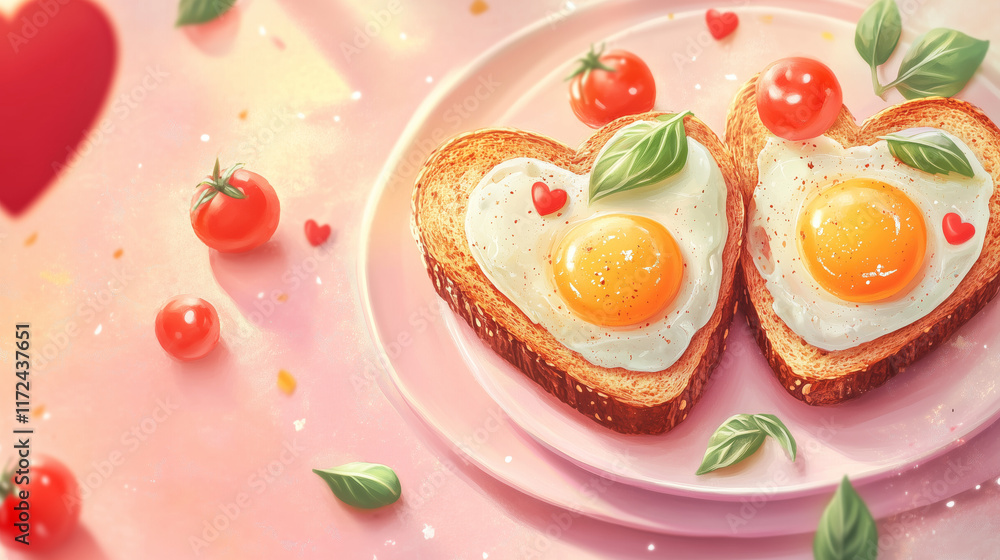 Romantic Valentine's Day breakfast with heart-shaped fried eggs on toasted bread, garnished with fresh basil leaves, cherry tomatoes, arranged on pink background with decorative hearts, greeting cards Romantic Valentine's Day breakfast with heart-shaped fried eggs on toasted bread, garnished with fresh basil leaves, cherry tomatoes, arranged on pink background with decorative hearts, greeting cards