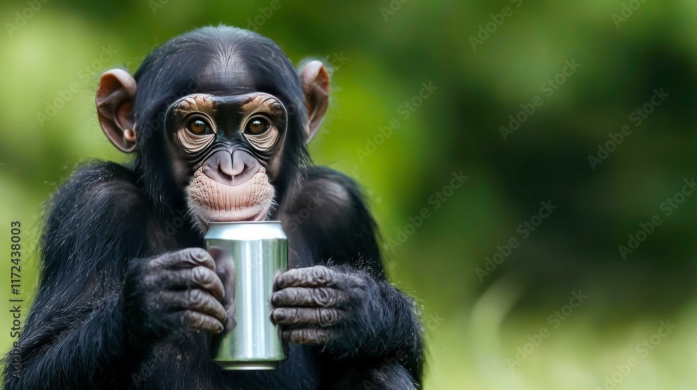 Close-up of a chimpanzee holding a reflective metal can in a verdant environment, symbolizing the growing issue of litter pollution and its unexpected impact on animals. Close-up of a chimpanzee holding a reflective metal can in a verdant environment, symbolizing the growing issue of litter pollution and its unexpected impact on animals.