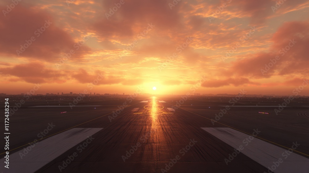 A wide-angle sunrise view of a runway illuminated by golden light, with the open sky painted in soft pinks and oranges A wide-angle sunrise view of a runway illuminated by golden light, with the open sky painted in soft pinks and oranges