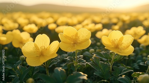 Golden Yellow Flowers Bask In Sunset Light photo