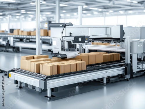 Design a digital CG 3D rendering of an automated conveyor belt sorting packages with precision photo