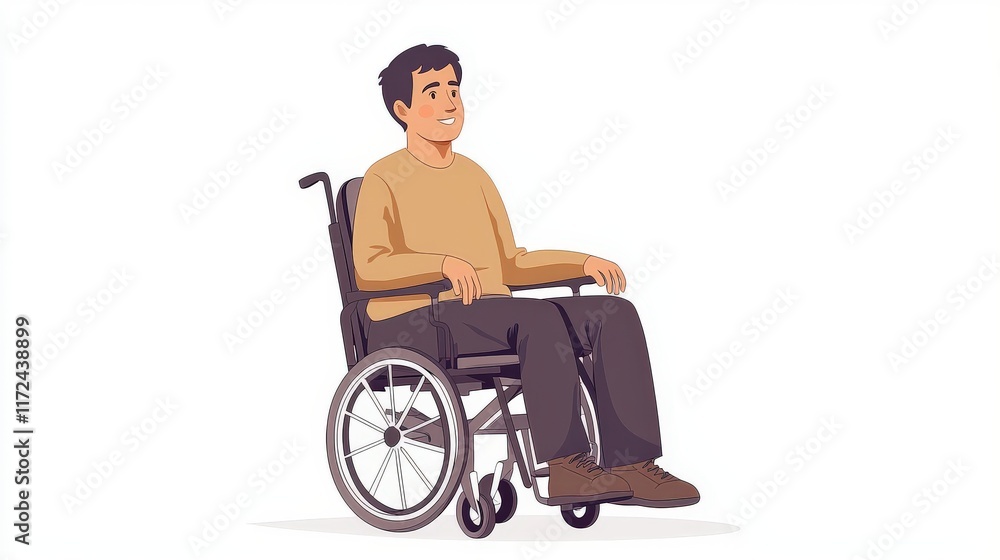 Simple flat vector illustration of an adult with disability, designed with clear lines and soft colors, on a white background. Simple flat vector illustration of an adult with disability, designed with clear lines and soft colors, on a white background.