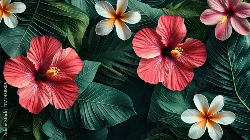 Wallpaper Mural Seamless tropical flower pattern with bright hibiscus, frangipani, and leafy elements on a dark background Torontodigital.ca