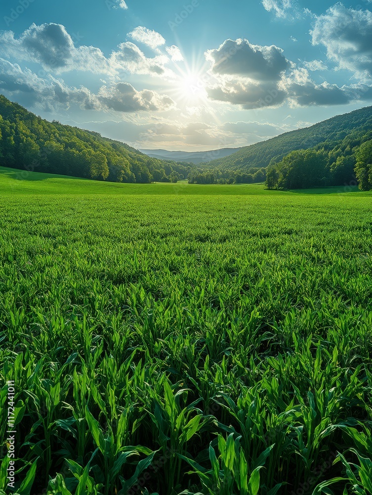 A serene landscape with lush green fields and distant hills under a bright sky. A serene landscape with lush green fields and distant hills under a bright sky.