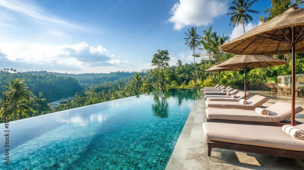 A luxurious outdoor pool with elegant lounge chairs, overlooking a vibrant tropical forest under a sunny sky A luxurious outdoor pool with elegant lounge chairs, overlooking a vibrant tropical forest under a sunny sky