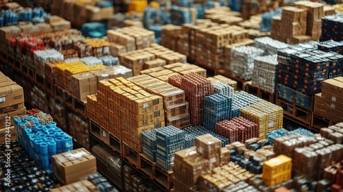 Generate a captivating, tilted angle perspective of a Warehouse Stockpile, organized with logistical precision and efficiency