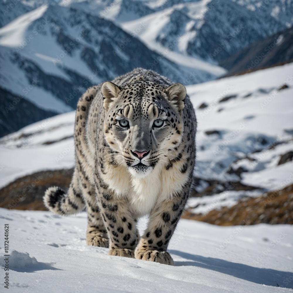 A snow leopard prowling through a snowy mountain landscape. A snow leopard prowling through a snowy mountain landscape.