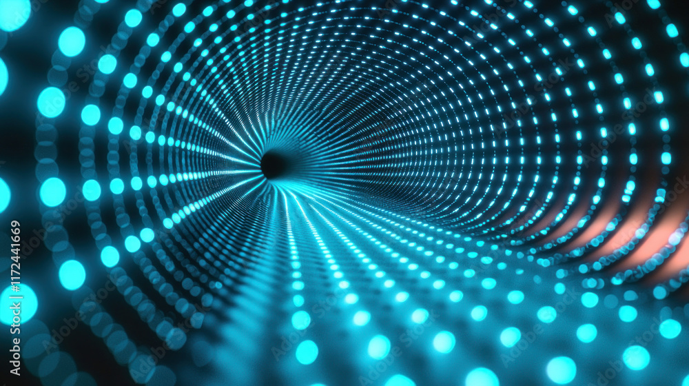 Glowing blue dots spiral tunnel in dark space, data stream background, tech visualization Glowing blue dots spiral tunnel in dark space, data stream background, tech visualization