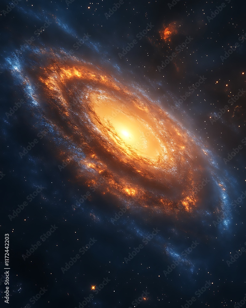 Naklejka premium Fiery orange and blue spiral galaxy in dark space.