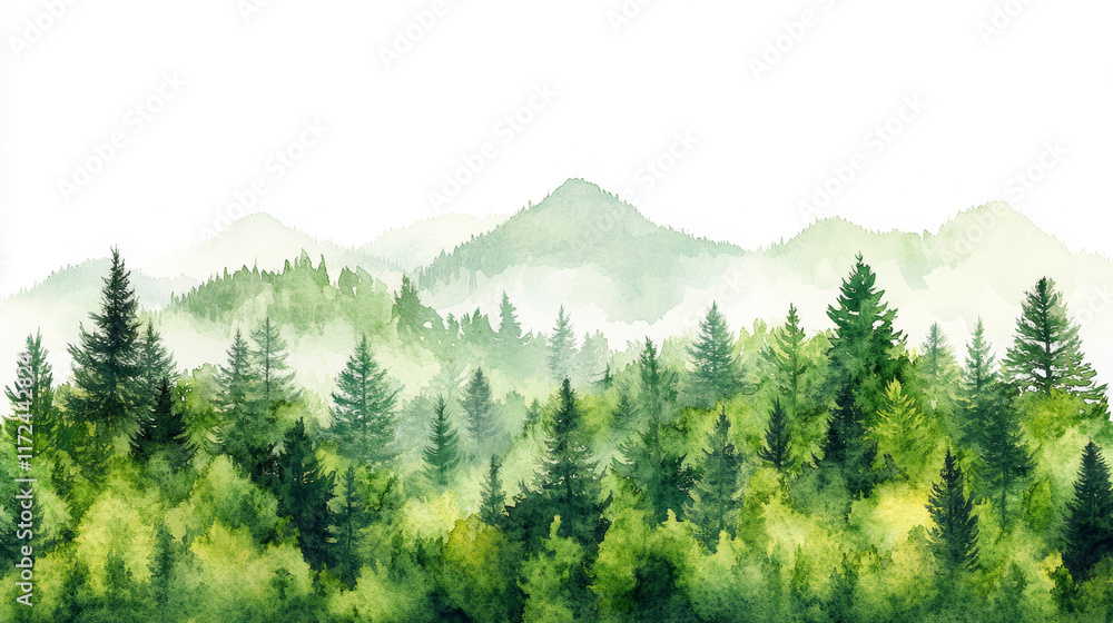 Fototapeta premium serene watercolor landscape featuring lush green forests and mountains