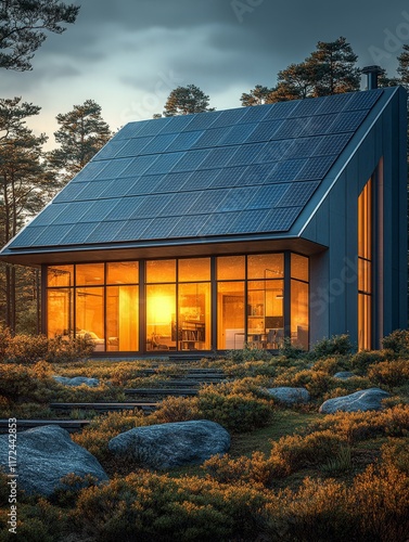 Modern house with solar panels surrounded by nature at sunset.