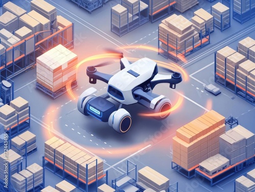 Illustrate a futuristic Cargo Drone navigating through a bustling warehouse, merging technology with efficiency photo