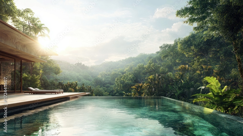 A luxurious villa terrace with a crystal-clear pool overlooking a lush tropical forest under a sunny sky A luxurious villa terrace with a crystal-clear pool overlooking a lush tropical forest under a sunny sky