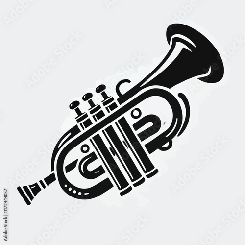 Vector hand drawn illustration of trumpet. Isolated on black.	