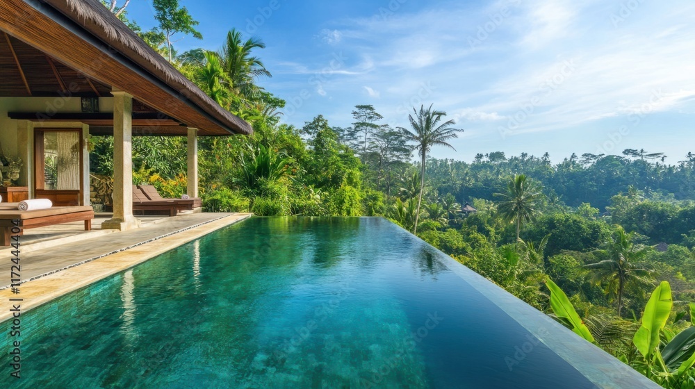 A luxurious villa with a sparkling infinity pool, seamlessly blending into a panoramic view of tropical greenery A luxurious villa with a sparkling infinity pool, seamlessly blending into a panoramic view of tropical greenery